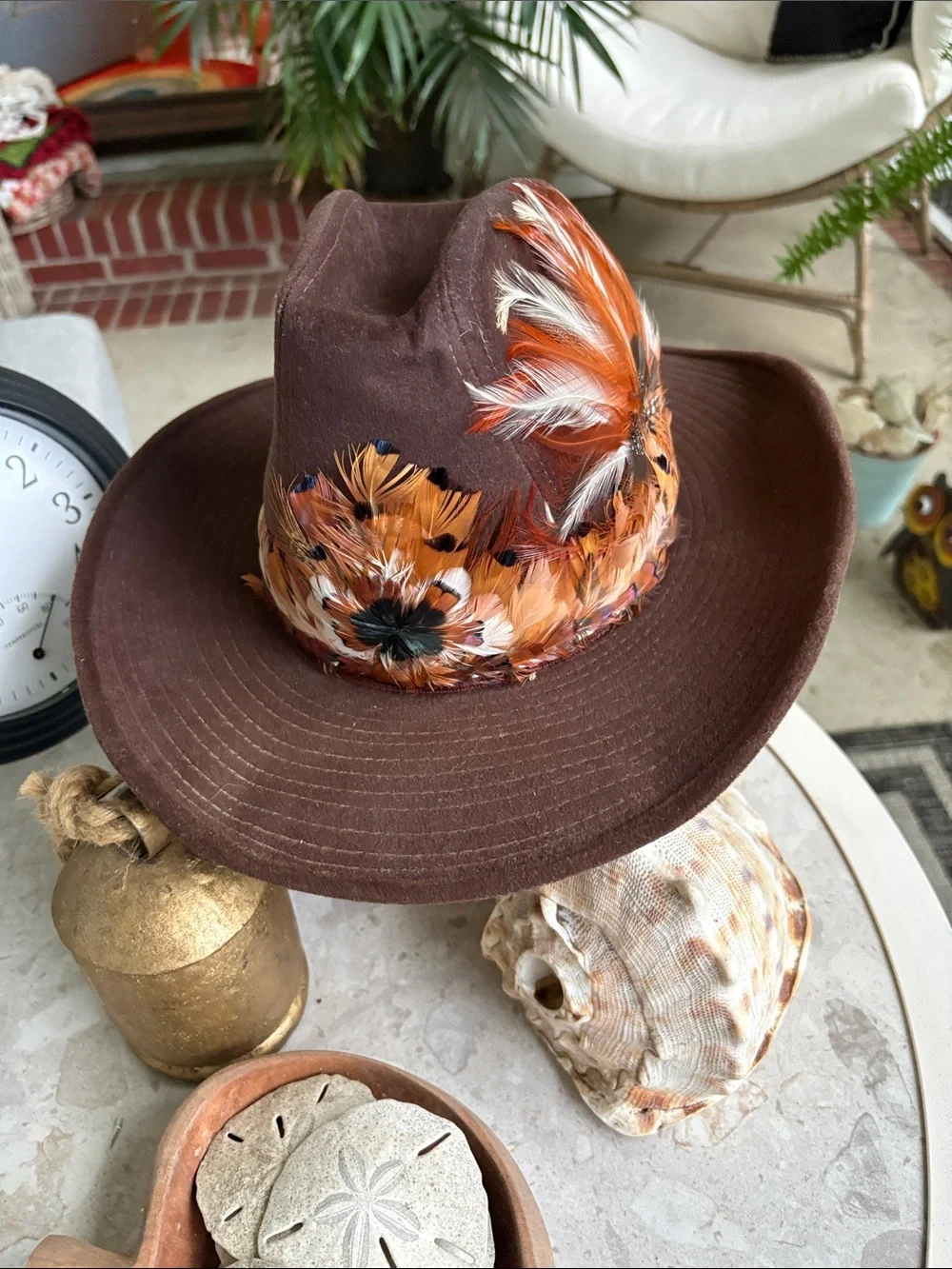 Brown Peacock Feather Trim Cowboy Hat Canyon Trail Suede Western Boho Retro